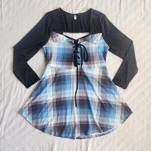 Blue Black Plaid Corset Top Dress Womens Size 14 Long Sleeve Short Skater